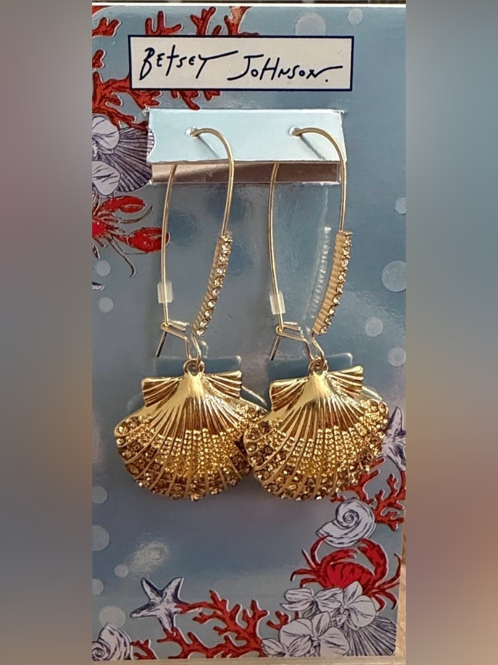 Betsey Johnson Gold Shell Drop Earrings with Crystal Accents
